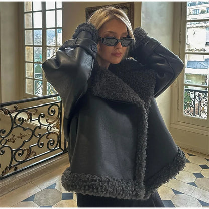 Vintage Faux Pu Leather Winter Jackets Women Casual Patchwork Lace Up Full Sleeve Female Coat Turn-down Collar Ladies Outwears