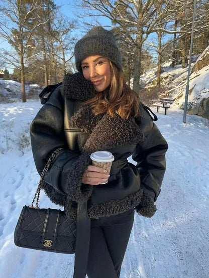 Vintage Faux Pu Leather Winter Jackets Women Casual Patchwork Lace Up Full Sleeve Female Coat Turn-down Collar Ladies Outwears
