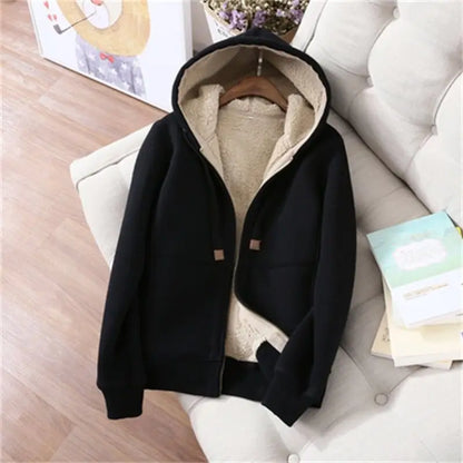 Women's Autumn Winter Plush Thickened Warm Tracksuits Casual Solid Zipper Long Sleeve Hooded Coat And Sweatpants Two Piece Sets