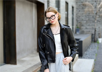 ZVRI classic black Spring and Autumn 2023 The new belt detachable epaulet motorcycle jacket leather jacket