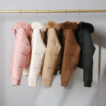 2024 Fashion Winter Short Parkas Women's Cotton-padded Jacket Fleece Liner Hooded Coats Thicken Fur Collar Warm Student Overcoat