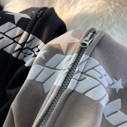 Star Print Hoodies Women's Y2K Street Hip-Hop Zipper Sweatshirt Couple Loose Cashmere Hoodie Cardigan Unisex Casual Coat Women's