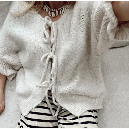 Bow Lace Up Hollow Out Knitted Cardigan  for Women