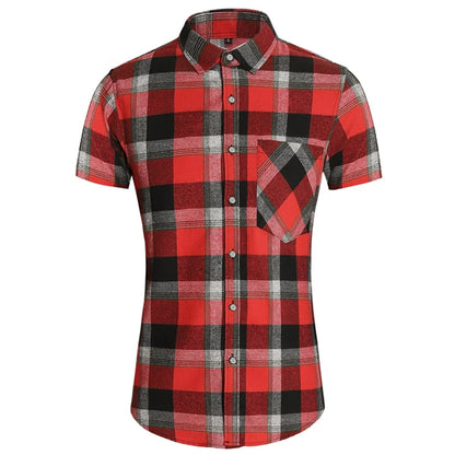 Striped Plaid Short Sleeved Shirt Men's Single-breasted Square Collar Cotton Shirts Summer Fashion Casual Camisa Men Chemise 7XL