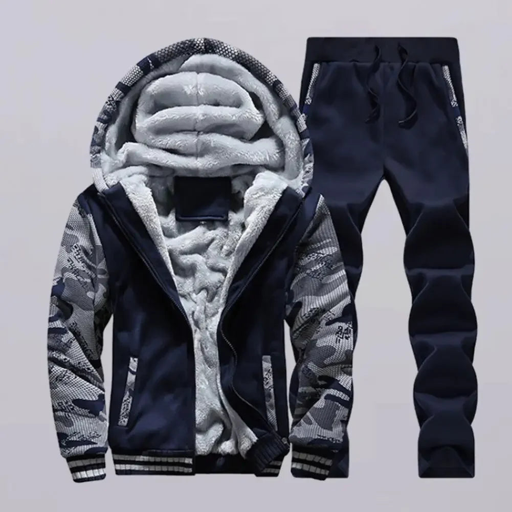 New Fleece Men Set Fashion Brand Tracksuit Lined Thick Sweatshirt + Pants Sportswear Suit Male Winter Warm Hooded Outerwear Suit