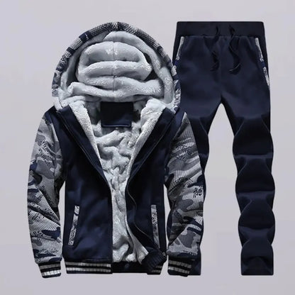 New Fleece Men Set Fashion Brand Tracksuit Lined Thick Sweatshirt + Pants Sportswear Suit Male Winter Warm Hooded Outerwear Suit