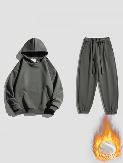 Spring Autumn Men Suit Thickened Warm Windproof Hooded Long Sleeve Trouser Solid Color Casual Sports Two Piece Running Sport Set