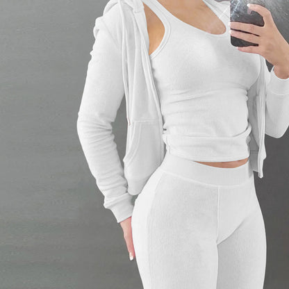 Autumn Winter Double-sided Velvet Vest 3 Piece Set For Woman's Fashion Hooded Sweatshirt Jacket Slim Pocket Trousers Female Suit
