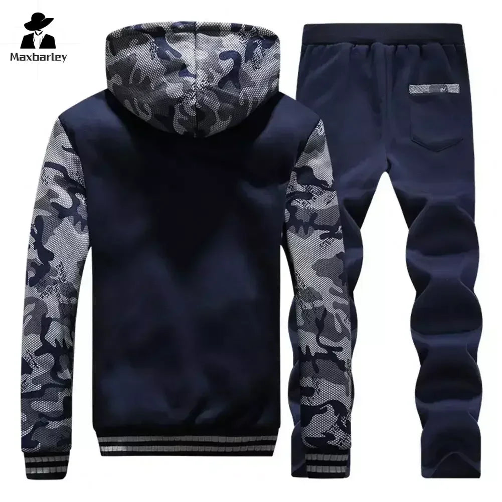 New Fleece Men Set Fashion Brand Tracksuit Lined Thick Sweatshirt + Pants Sportswear Suit Male Winter Warm Hooded Outerwear Suit