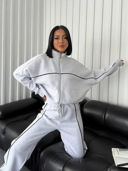 Jacket Women Tracksuit Wide Leg Pants Two Pieces Set Half High Neck Zippers Cardigan Outerwear Drawstring Pockets Matching Set