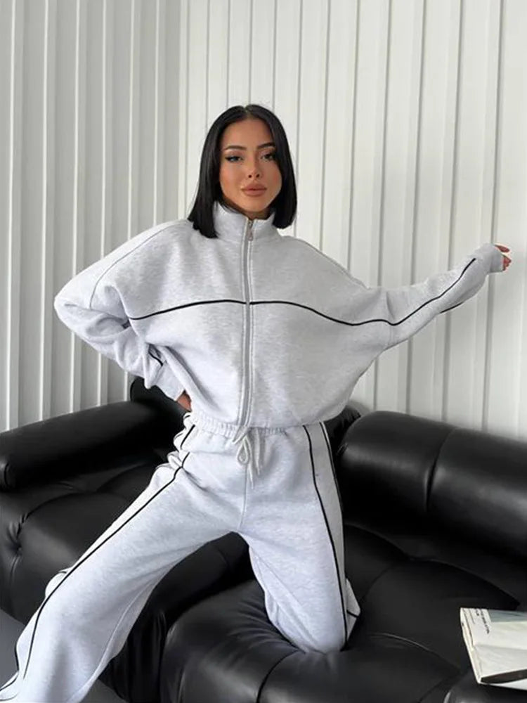 Jacket Women Tracksuit Wide Leg Pants Two Pieces Set Half High Neck Zippers Cardigan Outerwear Drawstring Pockets Matching Set