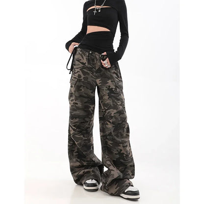 American Retro High Street Casual Overalls Camouflage Loose Wide Leg Pants For Women Y2k Hip-hop Cargo Grunge Baggy Trousers