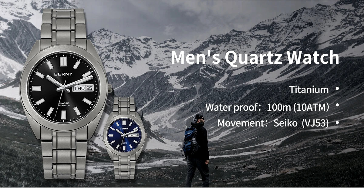 BERNY Titanium Watch for Men Supper Light Weight Wristwatch Super Luminous Sapphire 10ATM Waterproof Sport Field Quartz Watches