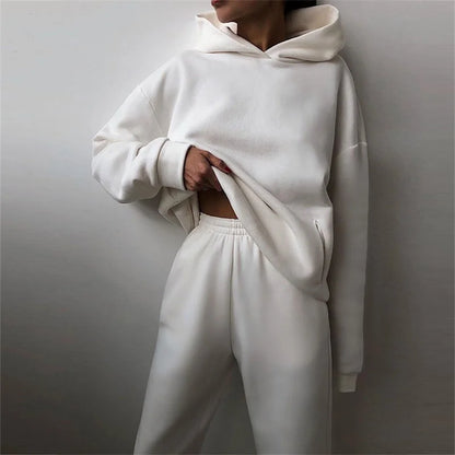 Two-Piece Oversized Tracksuit for Women, Warm Hoodie Sweatshirts, Long Pant Sets, Casual Hoody, Monochromatic, Autumn Fashion