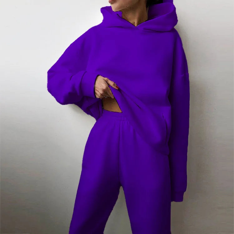 Autumn Winter Casual Thickened Sports Hooded Sweatshirt Trousers Suit Women's Fashion Loose Pocket Female Trousers 2 Pieces Set