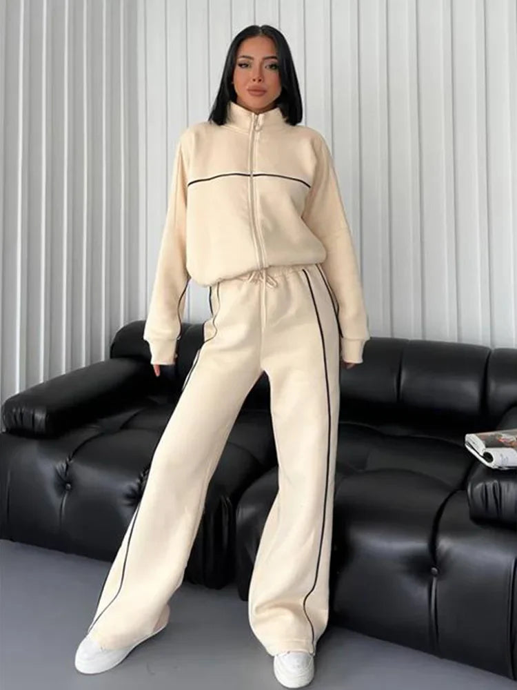 Jacket Women Tracksuit Wide Leg Pants Two Pieces Set Half High Neck Zippers Cardigan Outerwear Drawstring Pockets Matching Set