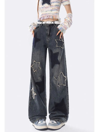 American Retro Jeans Five-point Star Raw Edge Splicing Loose Wide-leg Jeans Women Look Thin Trendy All-match Mopping Pants Women
