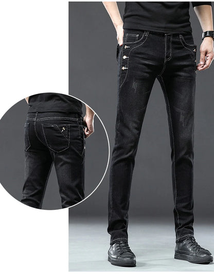 Classic Slim Vintage Fashion Men's Designer Jeans Snowflake Grey Wash Korean Fashion Stretch Pants Multi-button Denim Trousers