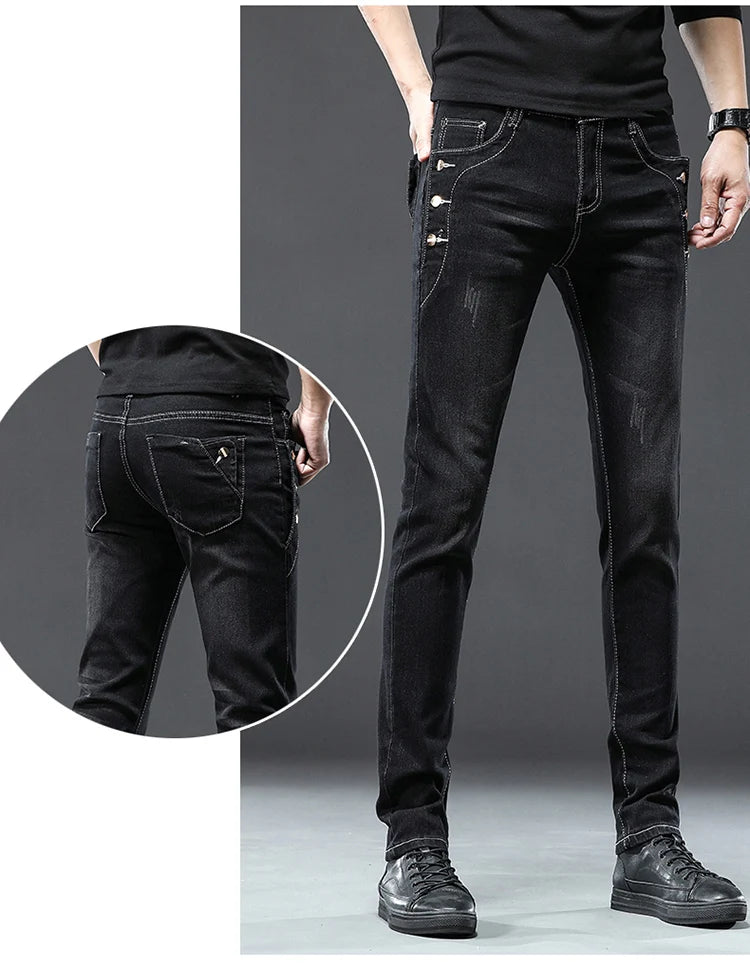 Classic Slim Vintage Fashion Men's Designer Jeans Snowflake Grey Wash Korean Fashion Stretch Pants Multi-button Denim Trousers