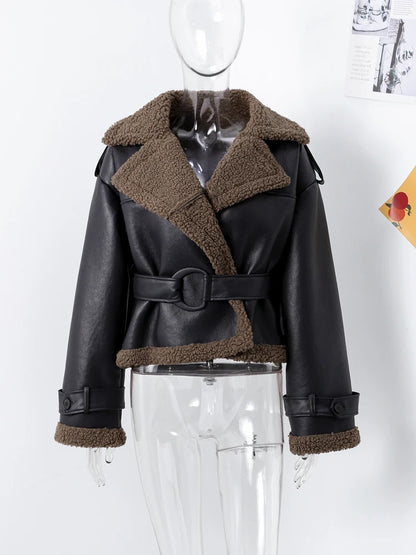 Vintage Faux Pu Leather Winter Jackets Women Casual Patchwork Lace Up Full Sleeve Female Coat Turn-down Collar Ladies Outwears