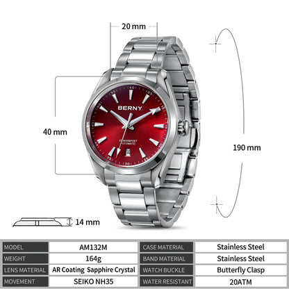 BERNY Automatic Watch for Men AR Sapphire BERNY NH35 Mechanical Male Wristwatch Stainless Steel Luxury 20ATM Waterproof Watches