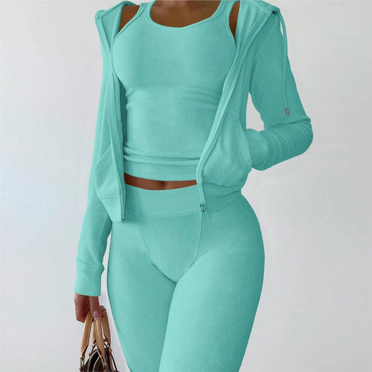 Autumn Winter Double-sided Velvet Vest 3 Piece Set For Woman's Fashion Hooded Sweatshirt Jacket Slim Pocket Trousers Female Suit