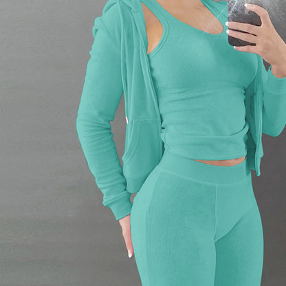 Autumn Winter Double-sided Velvet Vest 3 Piece Set For Woman's Fashion Hooded Sweatshirt Jacket Slim Pocket Trousers Female Suit