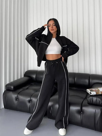 Jacket Women Tracksuit Wide Leg Pants Two Pieces Set Half High Neck Zippers Cardigan Outerwear Drawstring Pockets Matching Set