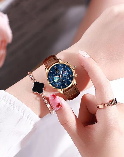 LIGE Women Watches Fashion Luxury Quartz Leather Strap Moon Phase Waterproof Luminous Wristwatch Date Business Casual Lady Clock