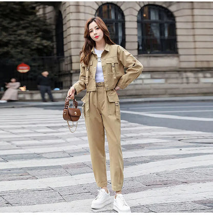 JOEVILU 2PCS Streetwear Tracksuit Cargo Coat Casual Pants 2 Piece Sets Women's Outfits Spring and Autumn Korean Fashion Y2k Suit