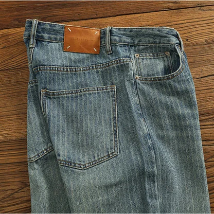 Heavy chunky jeans men vintage do old wash dark vertical texture of loose straight leg denim pants