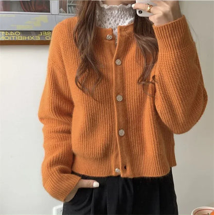 HELIAR Korean Sweet Cardigan Women Long Sleeve Fashion Elegant Knitted Tops Casual O Neck Single Breasted Female Casual Cardigan