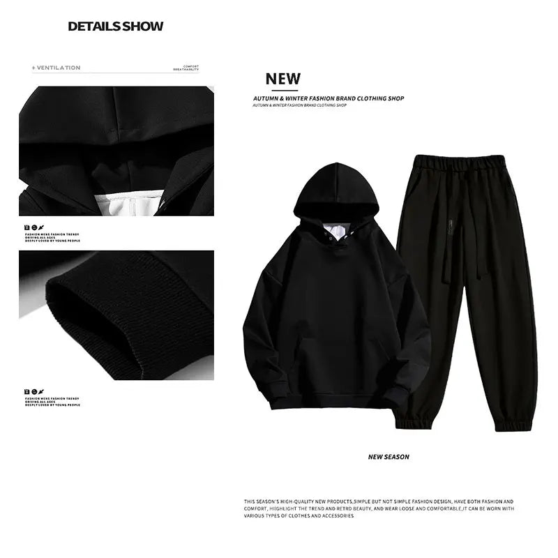 Spring Autumn Men Suit Thickened Warm Windproof Hooded Long Sleeve Trouser Solid Color Casual Sports Two Piece Running Sport Set