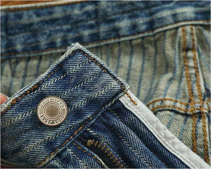 Heavy chunky jeans men vintage do old wash dark vertical texture of loose straight leg denim pants