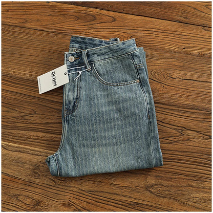 Heavy chunky jeans men vintage do old wash dark vertical texture of loose straight leg denim pants
