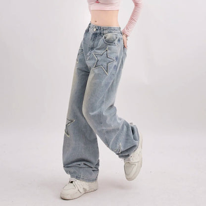 American Retro Jeans Five-point Star Raw Edge Splicing Loose Wide-leg Jeans Women Look Thin Trendy All-match Mopping Pants Women