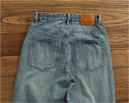 Heavy chunky jeans men vintage do old wash dark vertical texture of loose straight leg denim pants