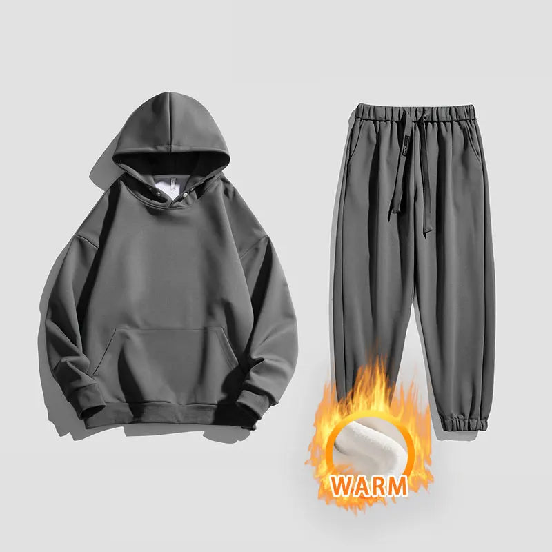 Spring Autumn Men Suit Thickened Warm Windproof Hooded Long Sleeve Trouser Solid Color Casual Sports Two Piece Running Sport Set