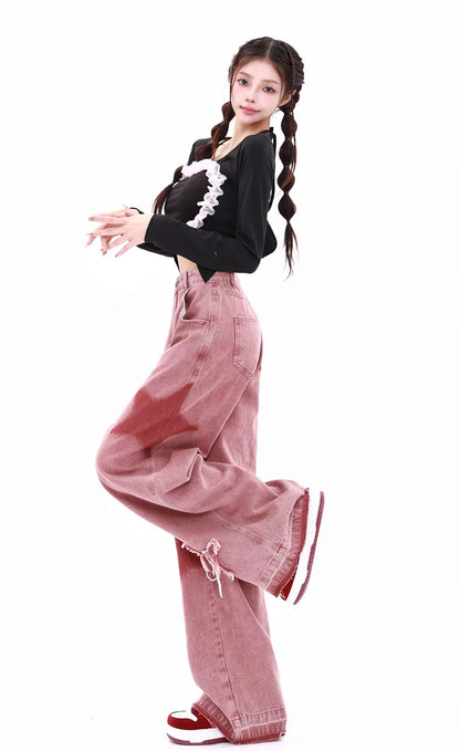 American Retro Jeans Five-point Star Raw Edge Splicing Loose Wide-leg Jeans Women Look Thin Trendy All-match Mopping Pants Women