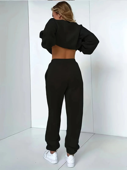 Women's Autumn/Winter Hip Hop Casual Street Paris French Pattern Printed Round Neck Sweatshirt+Sweatpants Warm Set