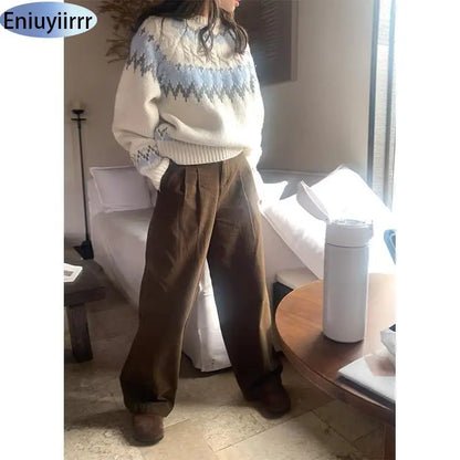 New Arrival Autumn Winter 2024 Scandinavia Lethargic Style Casual Women Tops Geometric Striped Lantern Sleeve Mock Neck Sweater