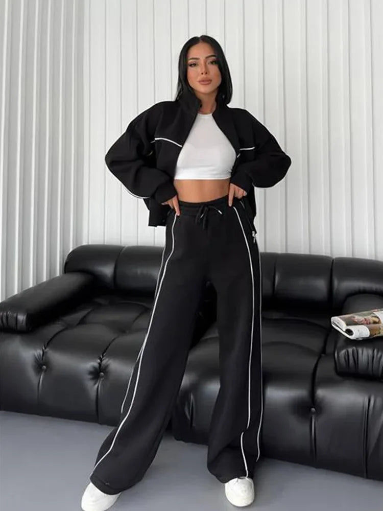 Jacket Women Tracksuit Wide Leg Pants Two Pieces Set Half High Neck Zippers Cardigan Outerwear Drawstring Pockets Matching Set