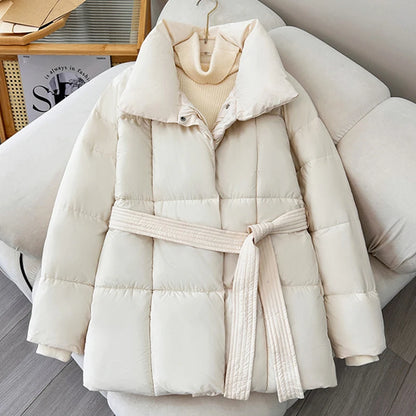 LANMREM Women's Parkas Solid Color Warm Cotton Padded Coat Jacket Belt Gathered Waist Female Fashion Winter Clothing 2DB1775