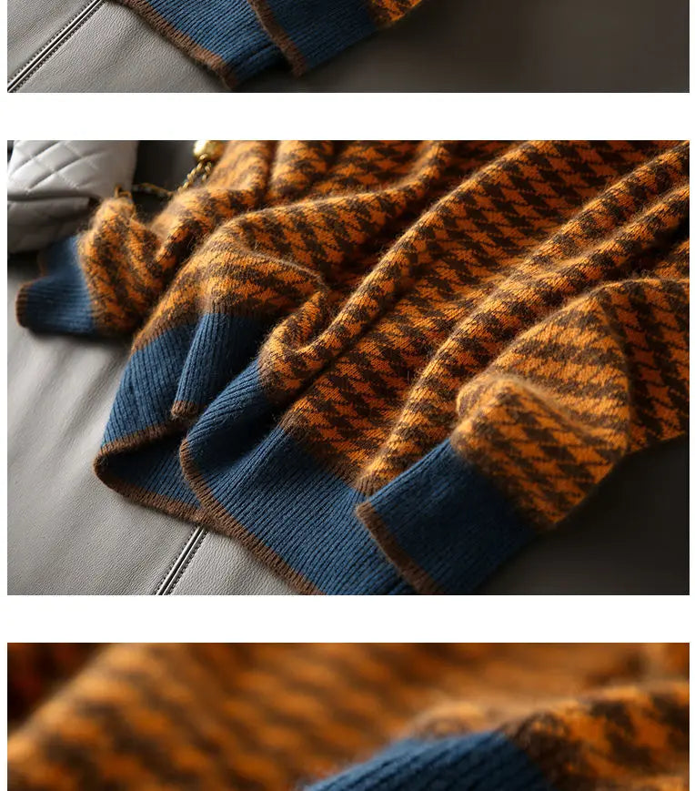 Houndstooth half turtleneck loose and thin knitted sweater women 22 autumn long sleeve casual plaid pullover sweater female