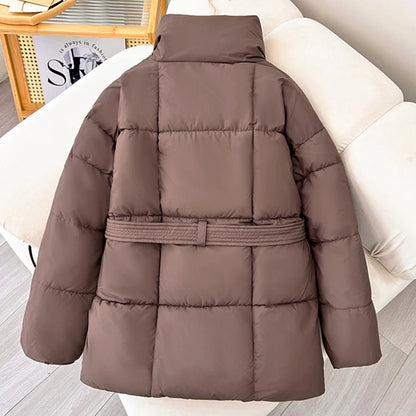 LANMREM Women's Parkas Solid Color Warm Cotton Padded Coat Jacket Belt Gathered Waist Female Fashion Winter Clothing 2DB1775