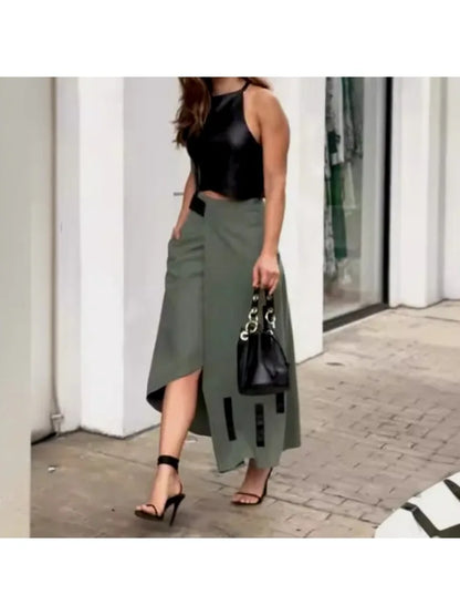 Elegant Dress Sets Women Striped PU Crop Top Straight Irregular Long Skirt Two Piece Set Tank Top Work Summer Sexy Matching Sets