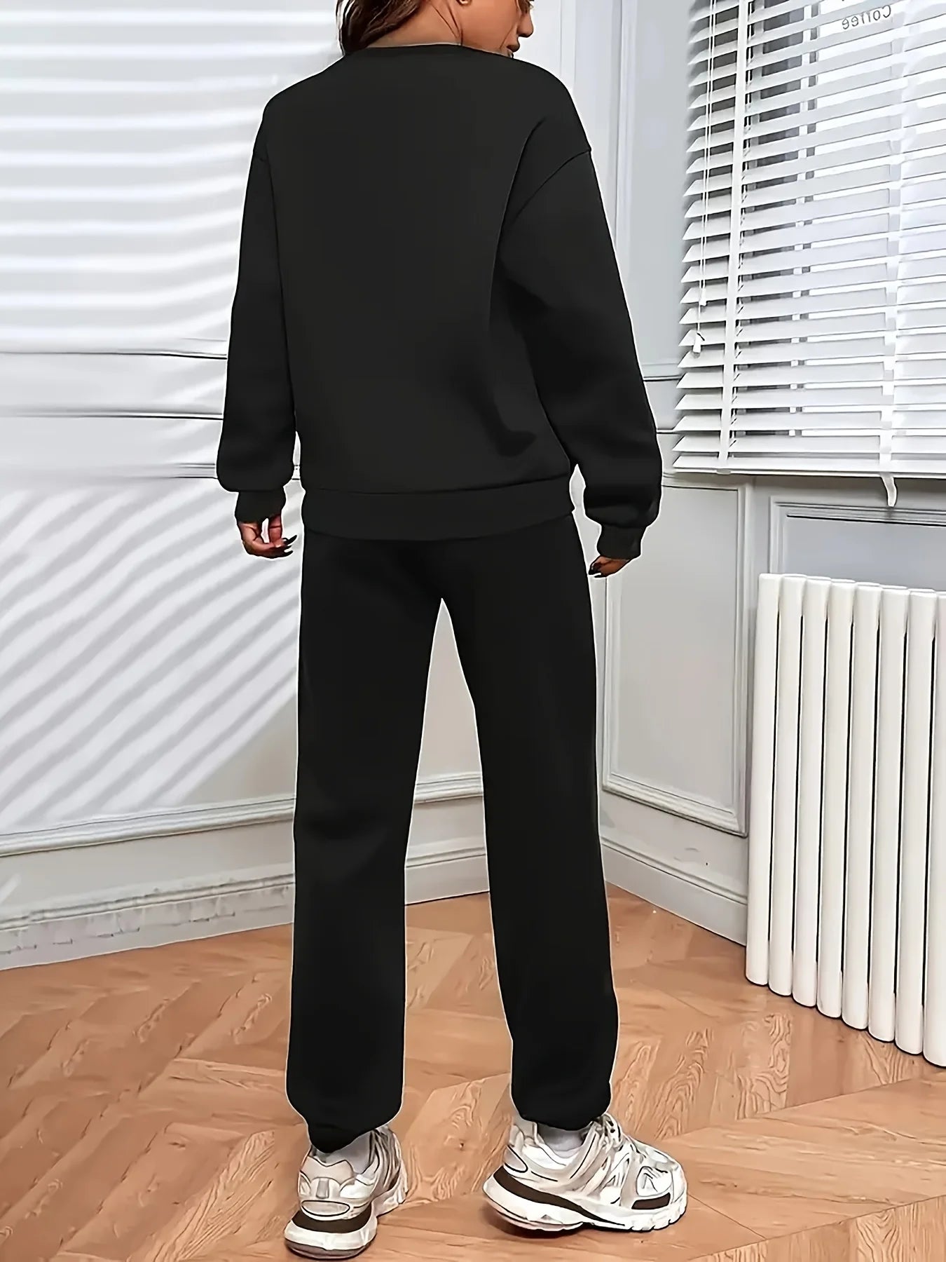 Women's Autumn/Winter Hip Hop Casual Street Paris French Pattern Printed Round Neck Sweatshirt+Sweatpants Warm Set