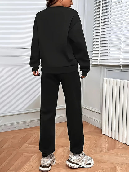 Women's Autumn/Winter Hip Hop Casual Street Paris French Pattern Printed Round Neck Sweatshirt+Sweatpants Warm Set