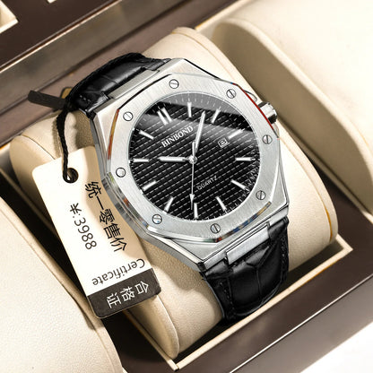 BINBOND Men's Watches Top Fashion Original Quartz Wrstwatch for Man Precision Steel Case Textured Dial Leather Strap Waterproof