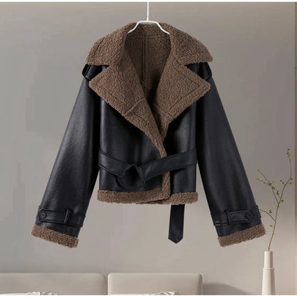 Vintage Faux Pu Leather Winter Jackets Women Casual Patchwork Lace Up Full Sleeve Female Coat Turn-down Collar Ladies Outwears